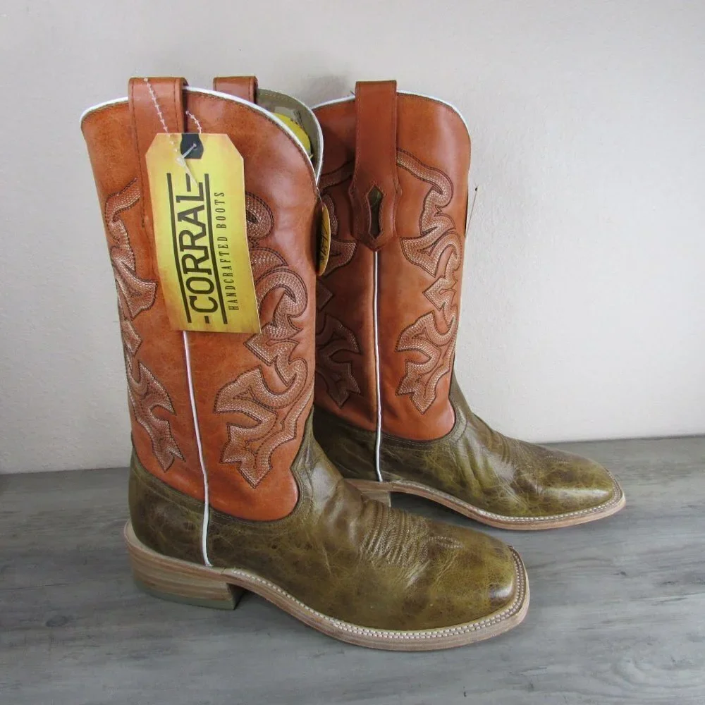 Corral Boots Men's Embroidery Square Toe Western Boots Sand/Orange A4228